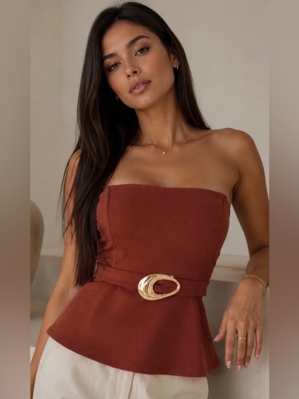 Strapless Rust Peplum Dress with Gold Buckle